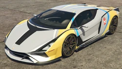 An Ignus with the Pisswasser livery in Grand Theft Auto Online. (Rear quarter view)