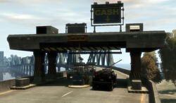 The Dukes Bay Bridge tollbooths in GTA IV.