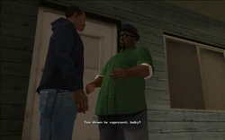 Smoke asks CJ if he's down with going and representing GSF in some business.