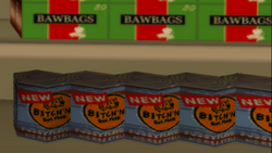 Cans of Bitch'n' Dog Food at a Fidl outlet in GTA Vice City Stories. All the cans are labeled as having "Pussy Flavored Horse Eyelids" in the dog food.