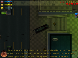 Arriving at The Mall, Valdez tells Claude to kill 100 Scientists using only fire weapons and no vehicles.