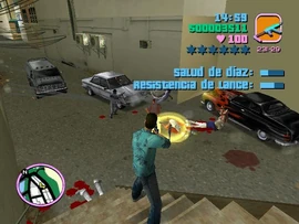 Tommy Vercetti killing the Haitian attackers and protecting Ricardo Diaz.