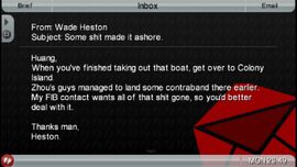 Heston sends an e-mail telling Huang that some of the cargo managed to reach the shore and is being transported by road.
