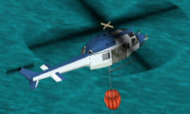 A bucket-equipped Armadillo hovering over the sea.