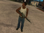 Carl Johnson with a [[Carbine Rifle] in Grove Street.