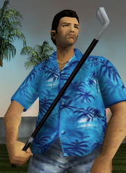 Tommy Vercetti with a Golf Club in Grand Theft Auto: Vice City.