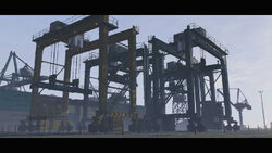 Cranes and containers at the Port of Los Santos.