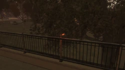 The flying rat on the wrought iron railing.
