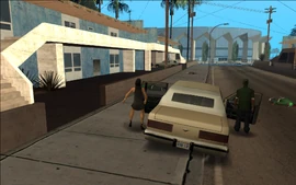 After CJ fetches a four-door car, Sweet and Sweet's girl run out of the flats.