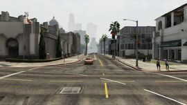 Rockford Drive intersecting South Boulevard Del Perro, and the Fire Station on the left.