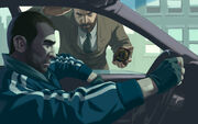 Official GTA IV artwork of Niko Bellic getting busted.