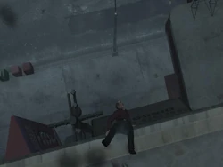 Faustin falls off the roof of his club.