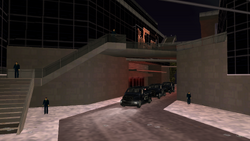 The scene shows three Securicars leaving the casino.