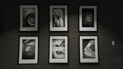 Black and white framed photos.
