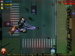 TheFinalJob-Residential-GTA2-SS6.png (611 KB) LaBrat being electrocuted to death by Claude Speed, while being attacked from behind by Billy Bob Bean.