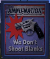 Ammu-Nation billboard ad depicting a Ruger SP101 revolver in GTA III. This ad is also seen in GTA Vice City and GTA Advance.