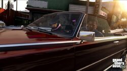 Chop in a pre-release screenshot, riding with Franklin in a Manana.