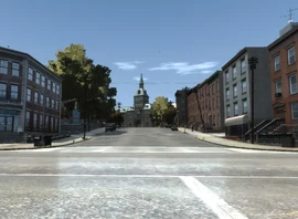 Edison Avenue, with the Acter Gothic Building at the end.