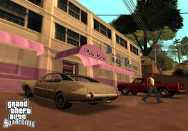 "BMYCR" on the far right doing his crack dealer idle animation, as seen in a promotional screenshot from the official website found in the "The Pig Pen" section.