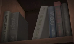 A bookcase featuring a Red Dead Redemption Easter egg in the form of a book titled Red Dead written by J. Marston.