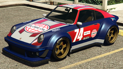 A Comet Retro Custom with a Globe Oil livery in Grand Theft Auto Online. (Rear quarter view)