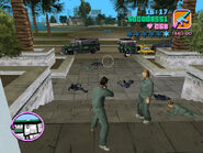 Tommy Vercetti and Phil Cassidy attempting to escape the scene, with the bodies of both Cam Jones and Hilary King.