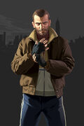 Alternate game art of Niko Bellic in a similar drab, featured commonly in later promotional materials, as well as GTA IV's box art. The turtleneck sweater is depicted as red, instead of gray in game.