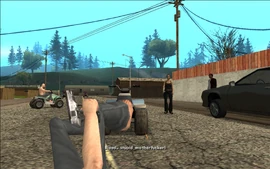 As the bandits begin driving away, Catalina shoots one off his quad.