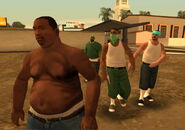 CJ with recruited beta grove street members along with beta Azteca (With blue Bananda)