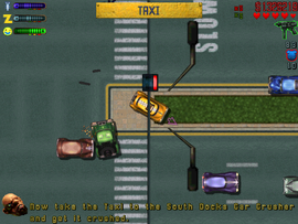 Elmo tells Claude to take the Taxi Driver to the South Docks car crusher in Flotsam.