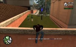 CJ sneaking into the cemetery by climbing the wall.