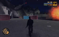Suddenly, the helicopter starts dropping explosives below.