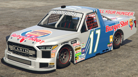 A Hotring Everon with a Burger Shot livery in Grand Theft Auto Online. (Rear quarter view)