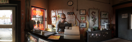 The cashier, Spider, inside the tattoo parlor.