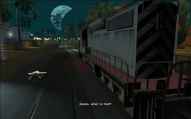 Just as CJ climbs onto the train, it starts moving.