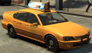 A Declasse (Merit-based) "Taxi Car" in Grand Theft Auto IV (Rear quarter view; without roof-mounted advertising).