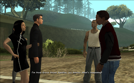 Carl carefully tells the man that he's from Grove Street.