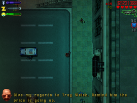 The cop enters the nearby Cop Car with the briefcase.