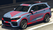 A Rebla GTS with a Aztec livery in Grand Theft Auto Online. (Rear quarter view)