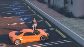 The orange car with turned wheel.