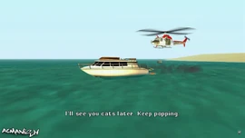 The helicopter hovering above the boat.