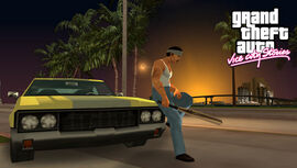 A screenshot of a Cholo gang member with the sunset of Vice City.
