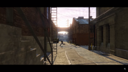 A gang member chased by a dog in an alleyway.