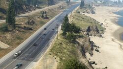 Aerial shot of Route 1 east of Paleto Bay.