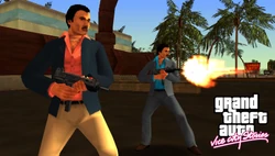 Promotional screenshot of Grand Theft Auto: Vice City Stories featuring the Micro SMG'