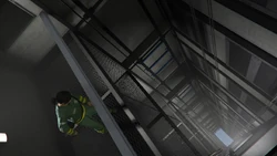 The shaft leading to the underground vault for the podium vehicle storage