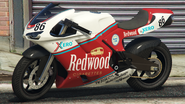 A Bati 801RR with a Redwood Cigarettes livery in Grand Theft Auto V. (Rear quarter view)