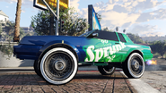 A Faction Custom Donk with a Sprunk livery in Grand Theft Auto Online.