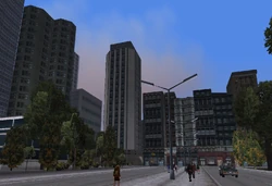 The skyline of southwestern Bedford Point, with the Liberty Tree Offices (white tower in the center) visible, in Grand Theft Auto III.