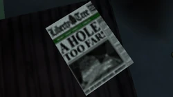 Illegible "A Hole Too Far" news story related to the abandoned  in Grand Theft Auto: Liberty City Stories, appearing during 